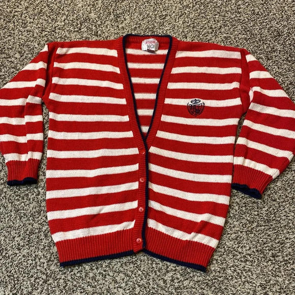 Vintage Studio HQ knit Cardigan with Red & White Stripes Navy Blue Trim - Picture 9 of 10